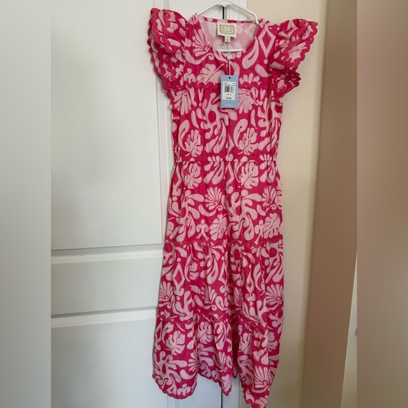 Sail to Sable Flutter Sleeve Pink Midi Dress Ric Rac Trim XS NEW. 1146 - Picture 2 of 5